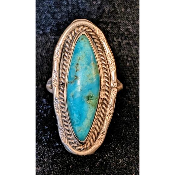 Vintage Navajo Elongated Turquoise Ring Size 6.5 Native American - Picture 1 of 10